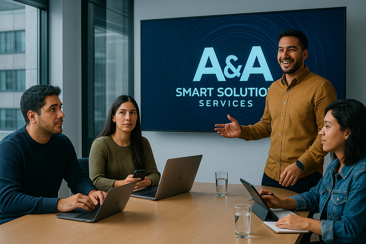 Equipo de A&A Smart Solution Services en una reunión de negocios, con un presentador sonriente